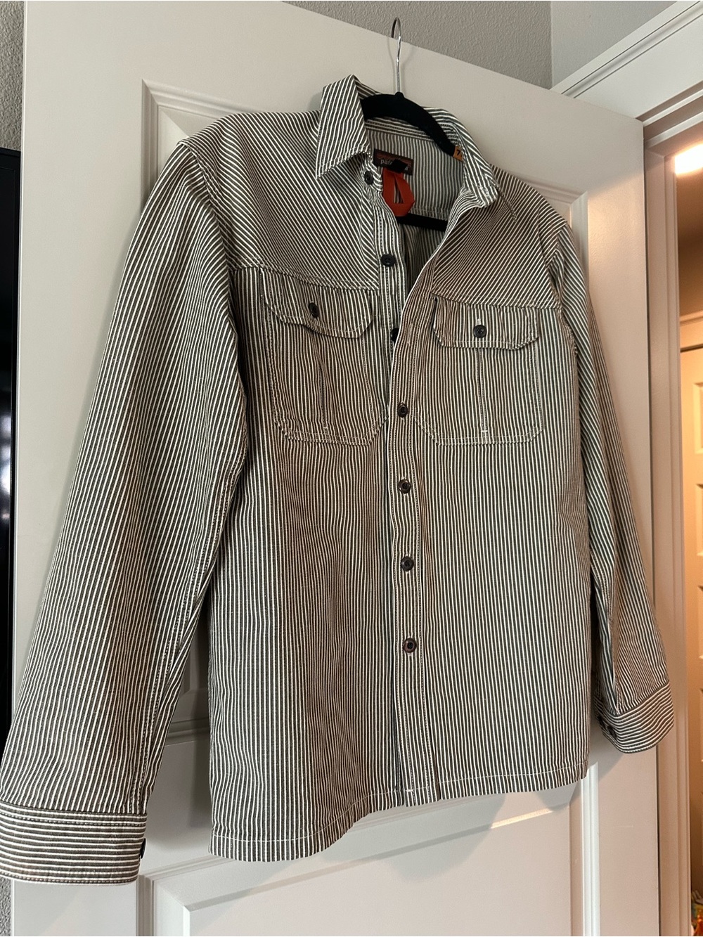 Patagonia Striped Button-Up Work Shirt Jacket in brown and white - Picture 2 of 8